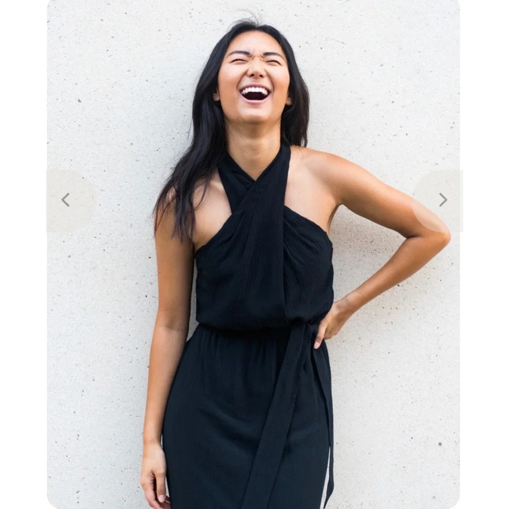 Marie Oliver Heidi Black Pleated Halter Midi Dress V-Neck Wrap Bodice Cocktail 2